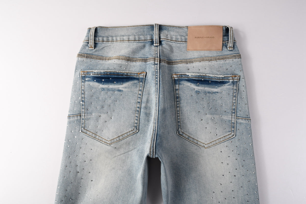 Men Streetwear Skinny Jeans Light Blue with Rhinestone Studs and Distressed Details PU9119