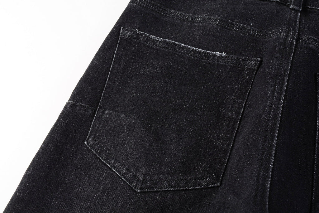 Men Streetwear Skinny Jeans Black Wash with Knee Rips and White Paint Specks 9035