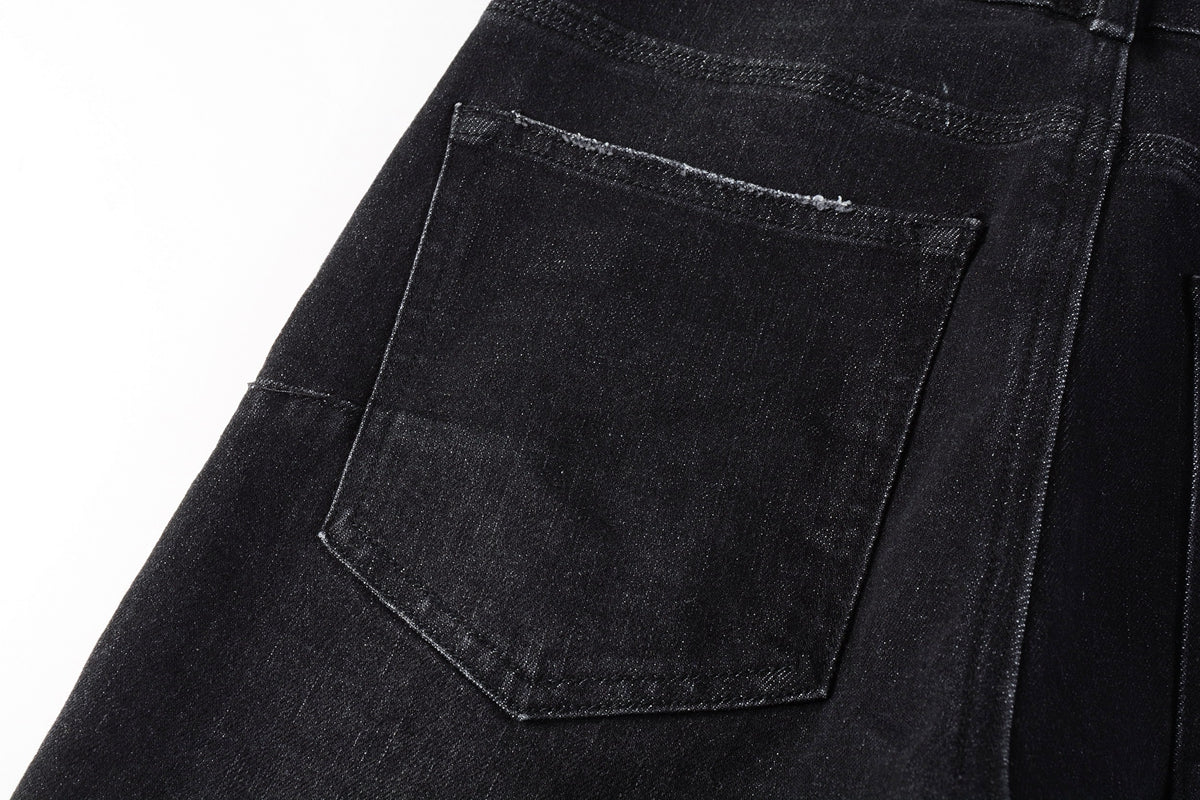 Men Streetwear Skinny Jeans Black Wash with Knee Rips and White Paint Specks 9035