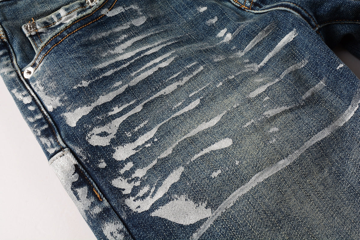 Men Streetwear Skinny Jeans Dark Blue Wash with White Brushstroke Distress 9040