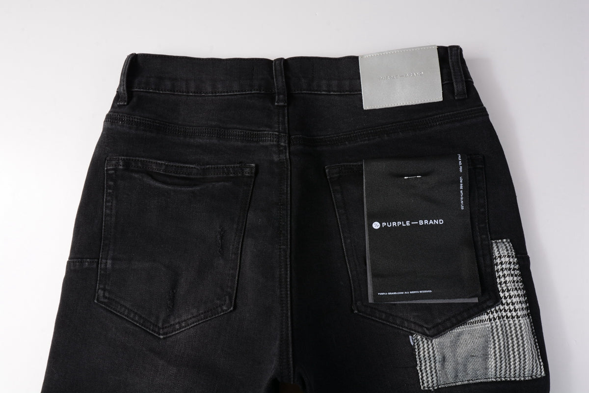 Men Streetwear Denim Shorts Black Wash with Distressed Rips and Plaid Patches 5001