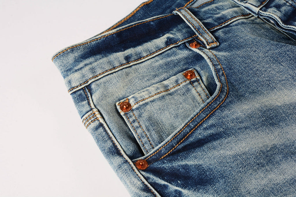 Men Streetwear Skinny Jeans Light Blue Wash with Subtle White Pattern Wash 9013