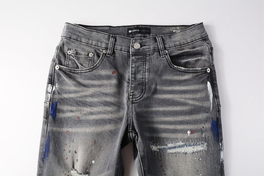 Men Streetwear Distressed Grey Skinny Jeanswith Color Paint Splatter and Knee Rips 9107