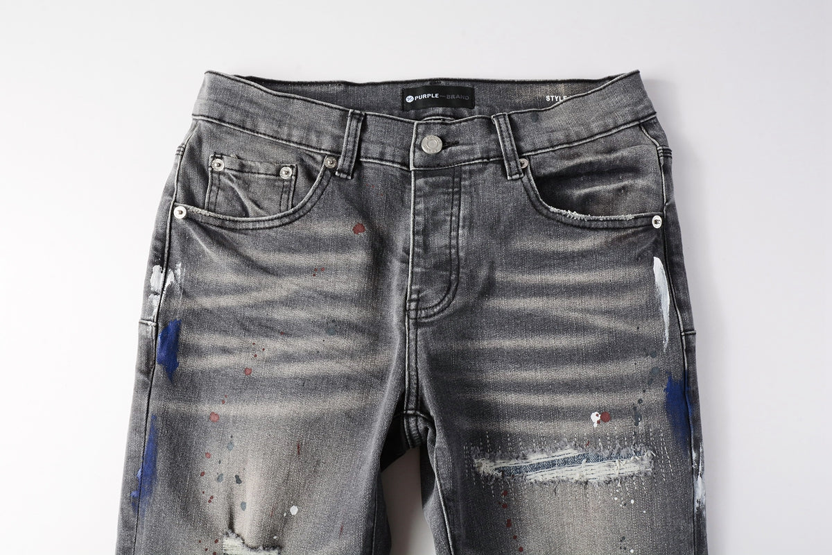 Men Streetwear Distressed Grey Skinny Jeanswith Color Paint Splatter and Knee Rips 9107