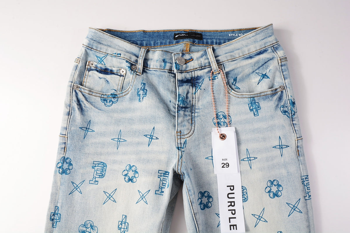 Men Streetwear Skinny Jeans Light Blue Wash with White Paint Brush Strokes 9063