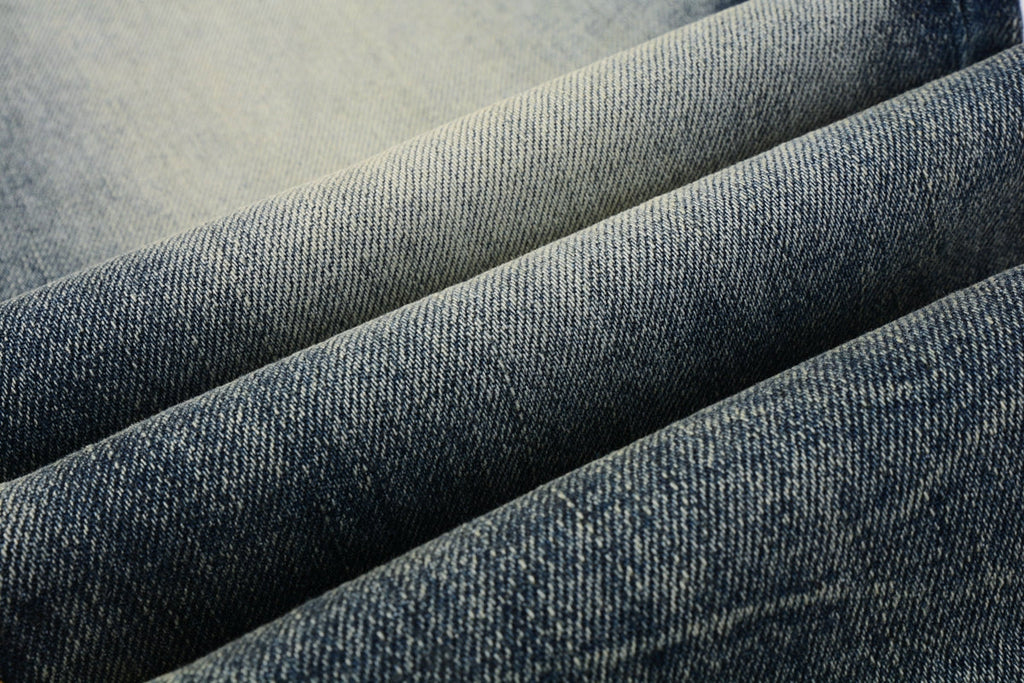 Men Streetwear Skinny Jeans Light Blue Wash with Faded Gradient Distress 9042