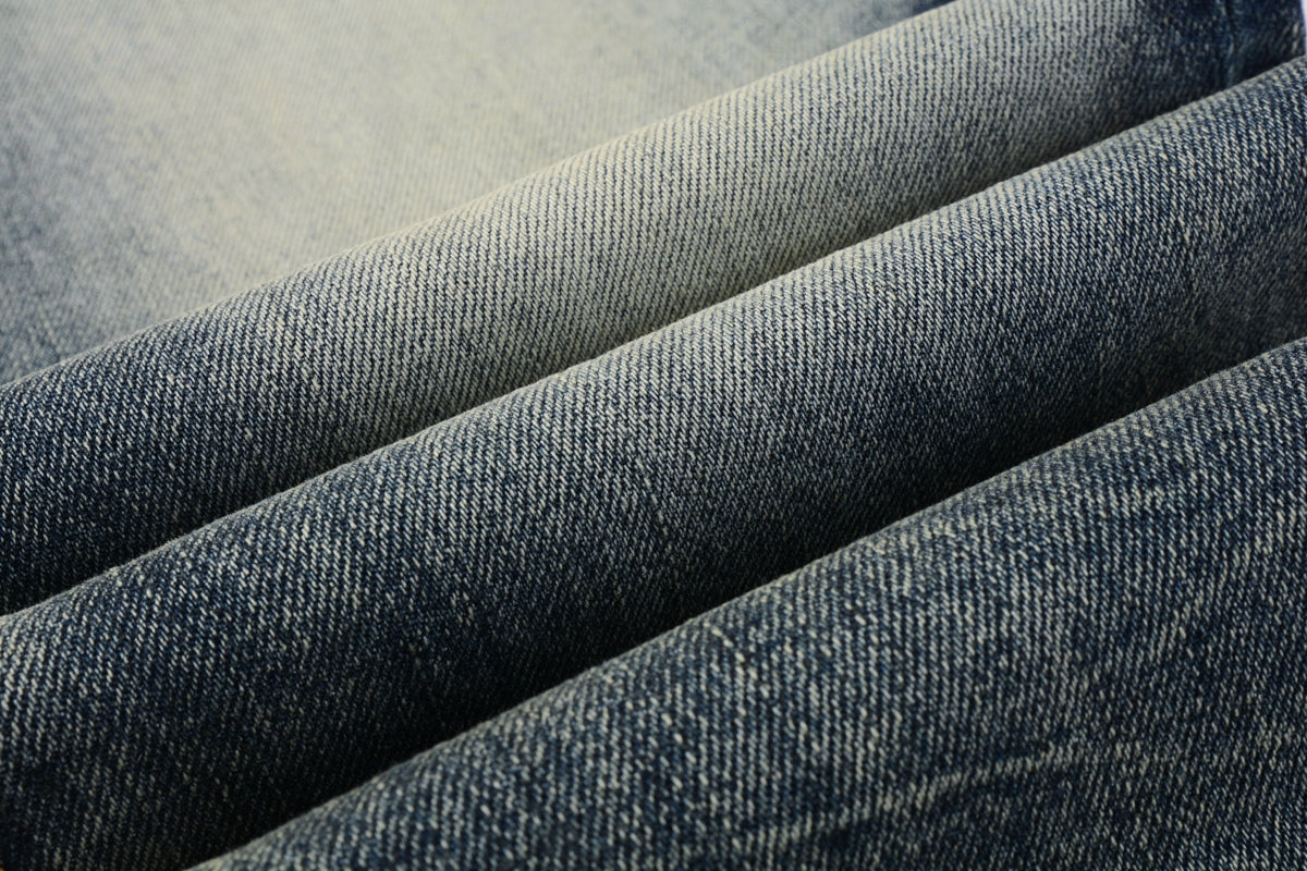 Men Streetwear Skinny Jeans Light Blue Wash with Faded Gradient Distress 9042