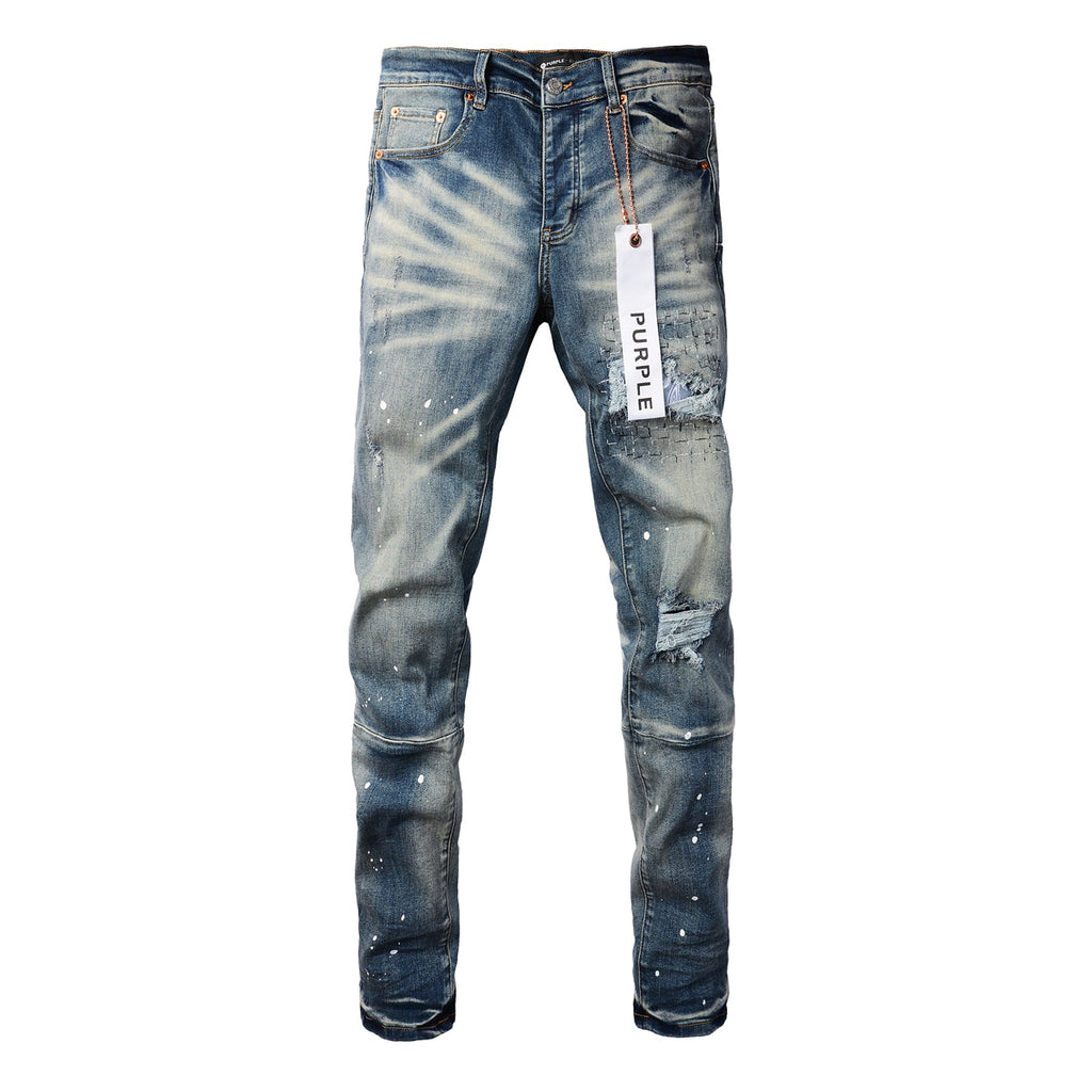 Men Streetwear Jeans Distressed Blue PatchPaint skinny Fit 9025
