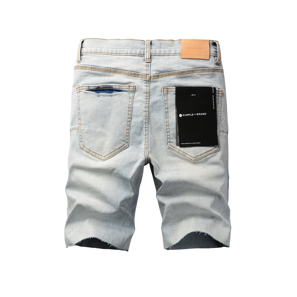Men Streetwear Denim Shorts Light Blue Wash with Black Paint Streak Print and Raw Hem 5048