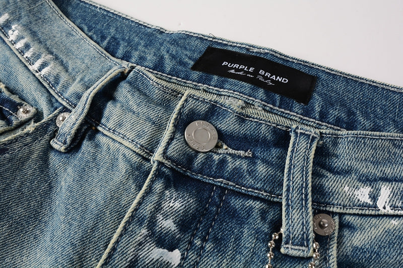 Men Streetwear Skinny Jeans Light Blue Wash with Multi-Color Paint Splatter and Distressed Rips 9072