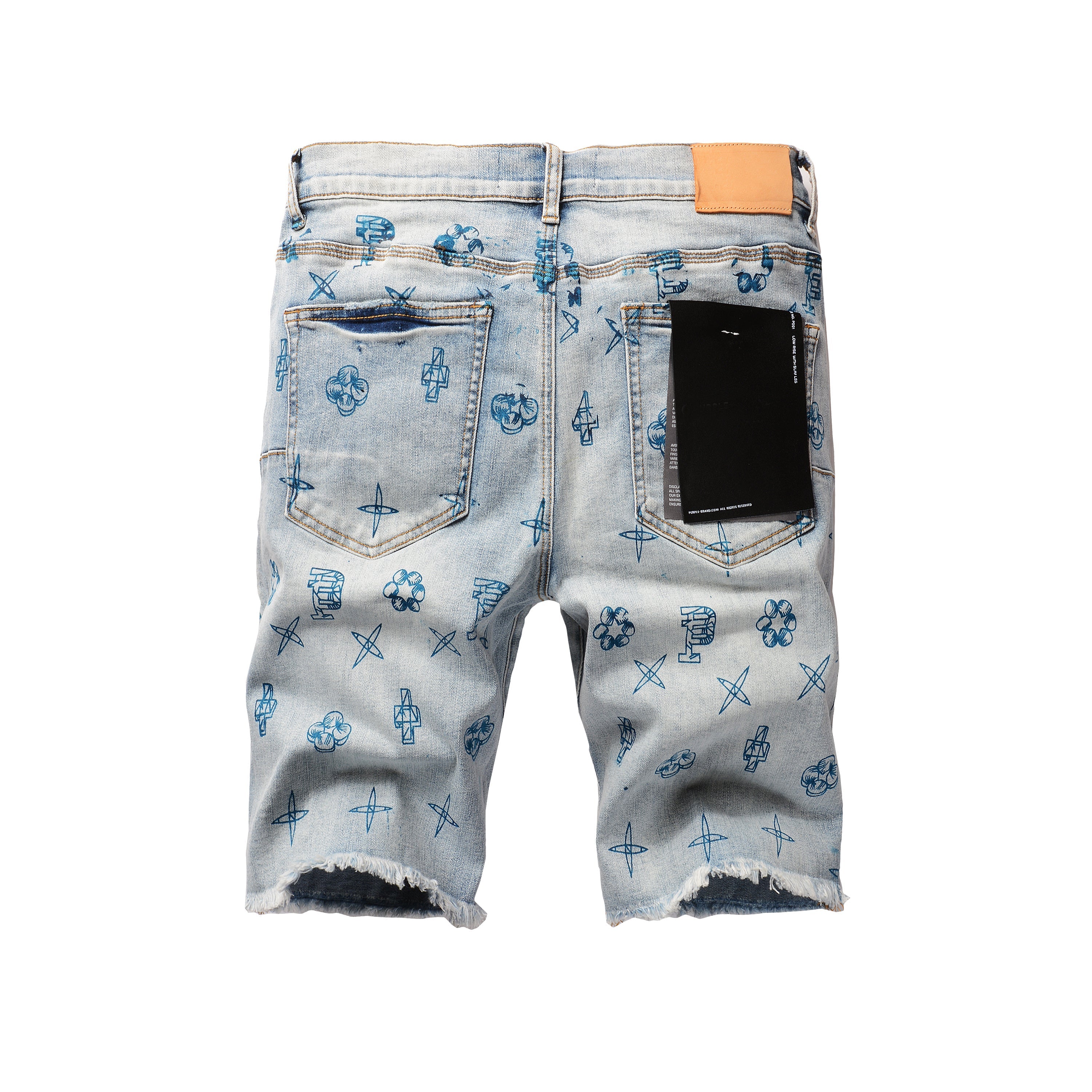 Men Streetwear Denim Shorts Light Blue Wash with Blue Graphic Print and Raw Hem 5063