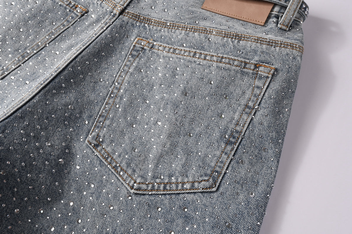 Men Streetwear Straight Denim Shorts Grey Wash with Rhinestone Speckles and Seam Accents 5096
