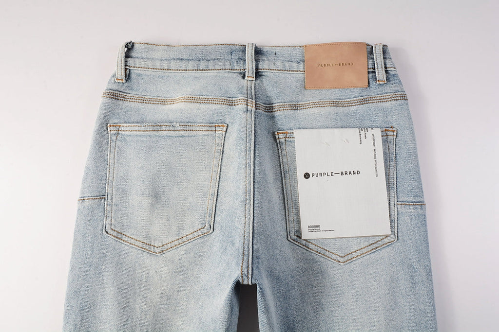 Men Streetwear Skinny Jeans Light Blue Wash with Knee Ripped Details and Black Lining 9010