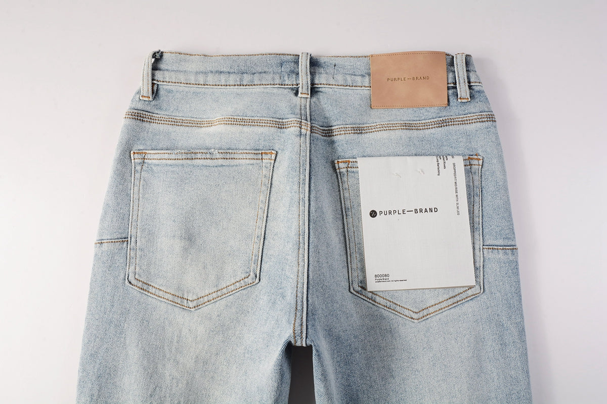 Men Streetwear Skinny Jeans Light Blue Wash with Knee Ripped Details and Black Lining 9010