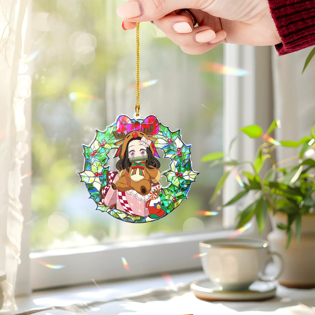 Nezuko Kamado Demon Slayer Wood Shattered Glass Hologram Ornament - 5 in