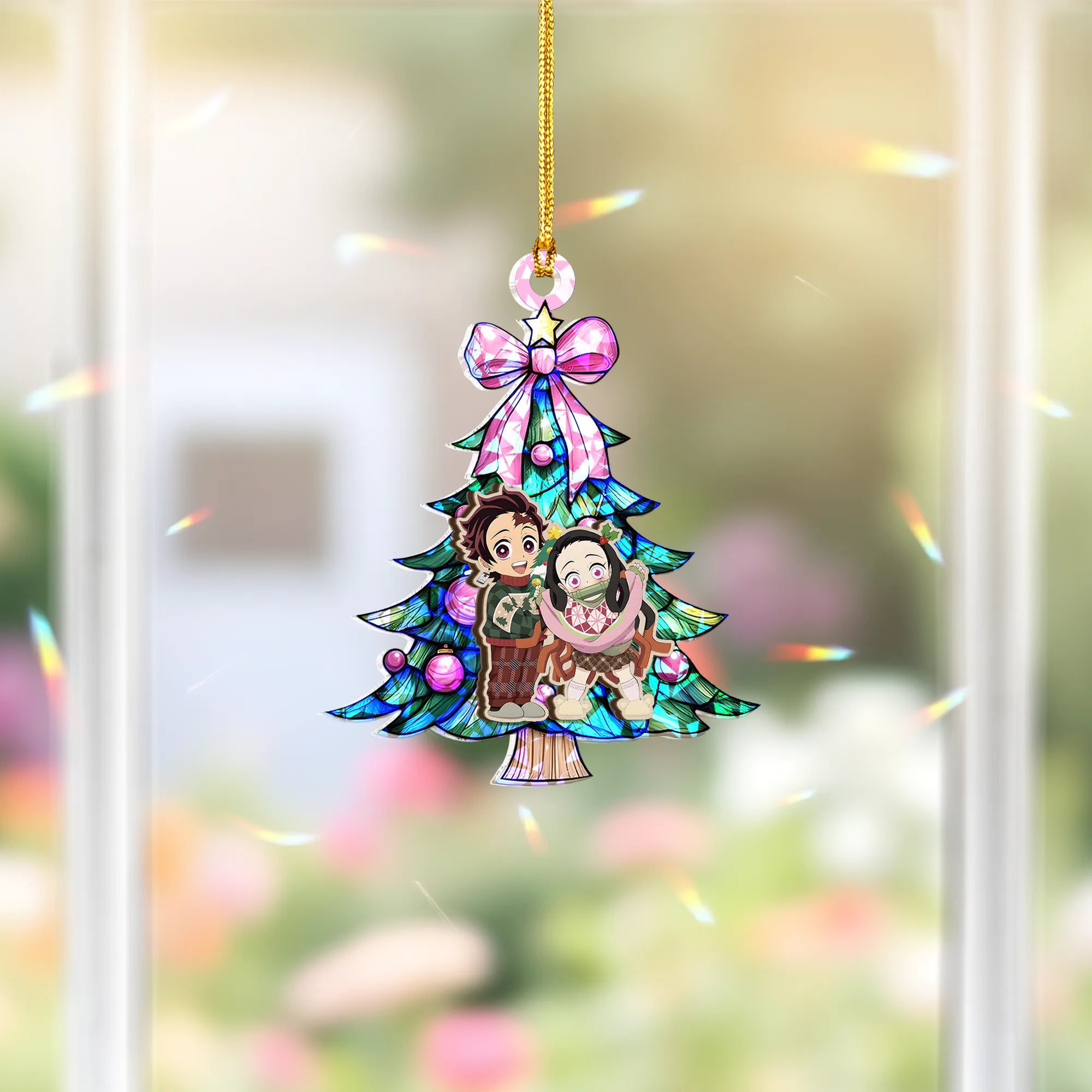 Tanjiro Kamado And Nezuko Kamado Demon Slayer Wood Shattered Glass Hologram Ornament - 5 in