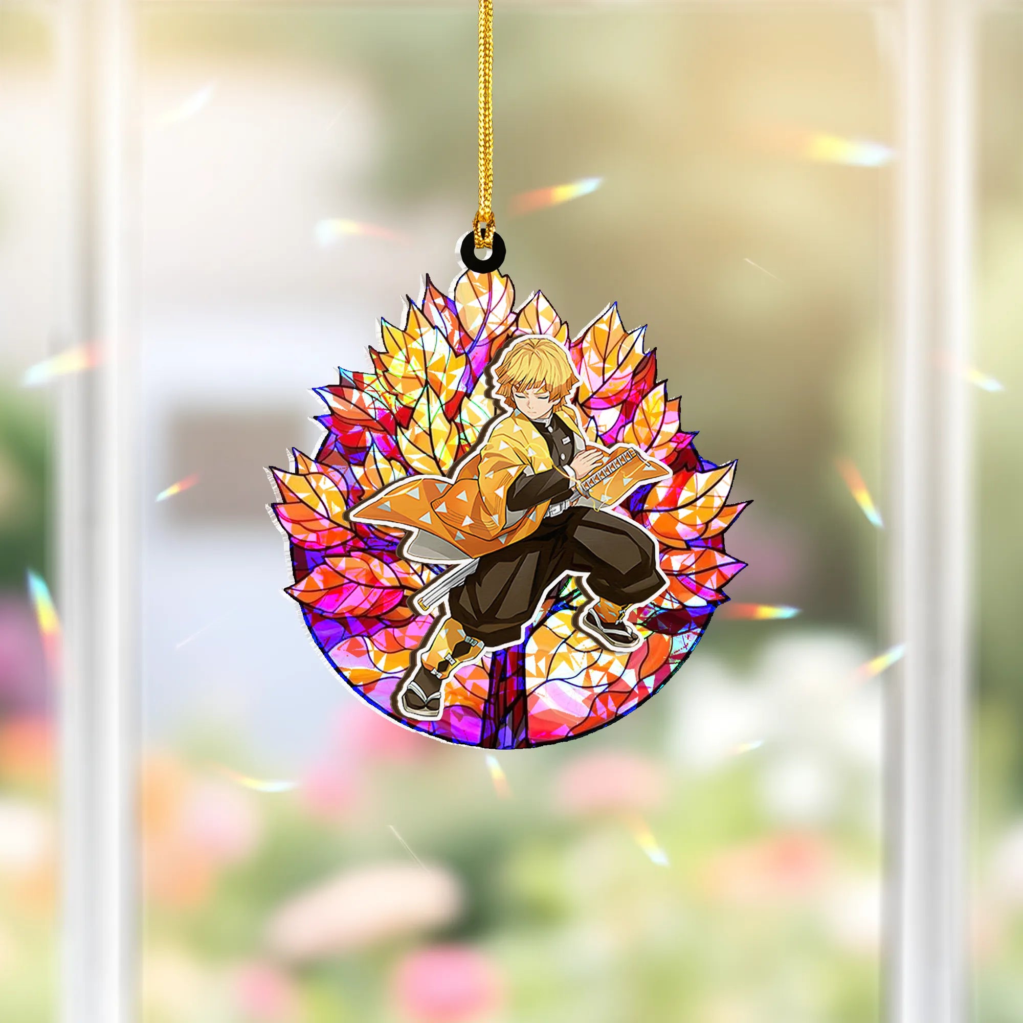 Zenitsu Agatsuma Demon Slayer Wood Shattered Glass Hologram Ornament - 5 in